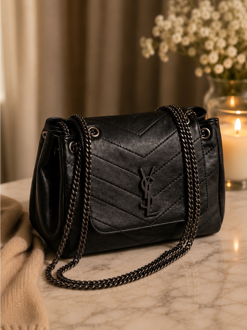Saint Laurent Nolita YSL Black Leather Chevron Shoulder Bag Gunmetal